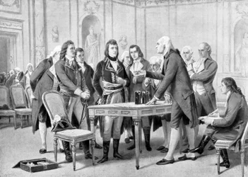 Alessandro Volta explains to Napoleon Bonaparte the principle of his electric battery - in 