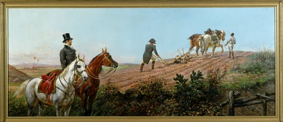 Allegory depicting Napoleon plowing under the supervision of his black servant in St. Helena