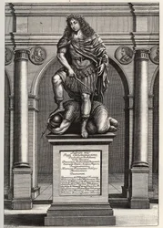 Allegory Representing King Louis XIV Crushing His Enemies. Engraving by J. Frosne from 1653. Private Collection.