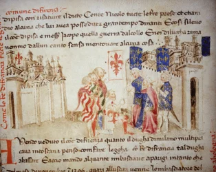 Alliance of the King of France, Charles VI, with the commune of Florence in 1396 - in the "Croniche del Sercambi", circa 1400. National Archives, Lucca.