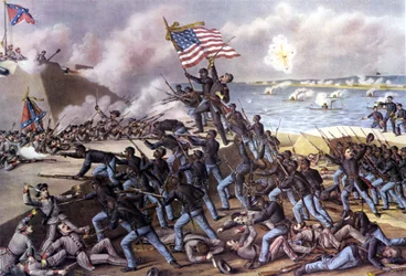 American Civil War (1861 - 1865): attack on Fort Wagner on Jekyll Island off Georgia by 2000 Black volunteers in July 1863. Engraving of the 19th century.