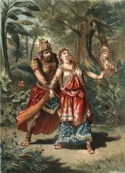 Amestris, wife of Xerxes, king of the Persians, is abducted by a servant of Artaynte. In “El Culto de la Hermosura” by Juan Justo Huguet, Molinas Hermanos editores