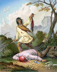 An American Indian holding a knife and a scalp over a man lying on the floor. Engraving, c. 1860.