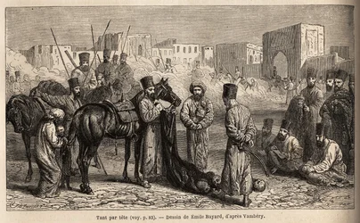 An accountant of the Khan receives the heads of enemies and hostages, women and children tied to the tails of horses. Drawing by Émile Bayard (1837-1891) illustrating the journey to Central Asia in 1863 by Arminius Vámbéry (Hungarian scientist)