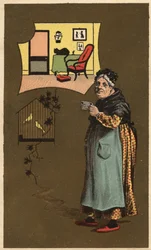 An old woman holding a cup near a cage with birds