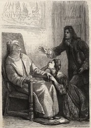 Angelique Kneels to Her Father Whom She Believes Dead - engraving for Jean Baptiste Poquelin dit Moliere (The Imaginary Invalid)