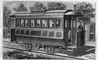 Application of Faure Batteries: Electric Tramway, Model of the Company of Omnibus, Powered by Batteries. Engraving in Le Monde Illustre