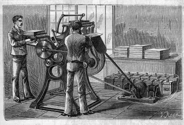 Application of Faure batteries: printer operated by the accumulator. In Le Monde Illustre