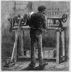 Application of Faure batteries: turn of a craftsman powered by the accumulator. In Le Monde Illustre