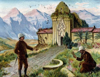 Archaeologists in Cambodia. Chromolithograph of the late 19th century