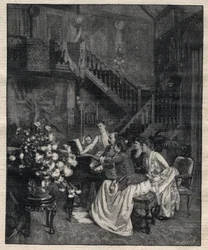Around a score - Jules Massenet (1842-1912), French composer, playing with friends “Le portrait de Manon” - Engraving in “Le Progres illustrious” de 1895