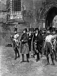 Arrest of Carbonari from Veneto Lombardy. Illustration of Matania. Engraving of the 19th Century