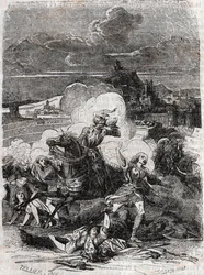 Astolphe makes murderous women flee - 1851 engraving from “Orlando Furioso” (16th century) by Ludovico Ariosto, known as Ariosto - edition translated from Italian by the Count of Tressan and published by Gustave Harvard in 1851