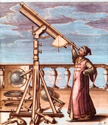 Astronomer observing the sky with a telescope - from: Johannes Hevelius, Selenographia, sive Lunae descriptio (Selenography, or A Description of The Moon)