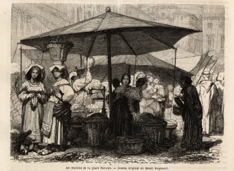 At the foot of Piazza Navona, Rome (Italy). Engraving to illustrate the voyage to Rome, by Francis Wey, in 1864-1868, published in 