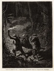 Back from hunting at night, the prey, a bear, is tied up and suspended from a branch that the hunters carry on the shoulder. Engraving to illustrate the story Quatre mois en Florida, by M. Pousselgue, in 1851-1852, published in le tour du monde, under the 