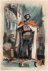 Baldwin I of Constantinople - Portrait of Baldwin I, Latin Emperor of the Orient, became Emperor of Constantinople by participating in the Fourth Crusade. Also known as Baldwin IX of Flanders (or Baldwin VI of Hainaut). Engraving from 1868
