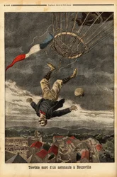Balloon accident in Beuzeville, following a loss of gas, the aeronaut lost control and fell from his balloon, in which he had embarked without a nacelle. Engraving in 