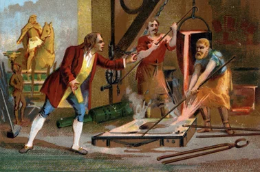 Balthazar Keller (1638-1702), goldsmith and founder, bottom of a single jet the first equestrian statue in 1699. Late chromolithography of the 19th century.