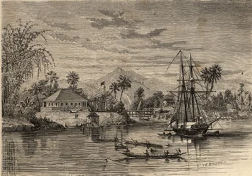 Bangalow, home of Sir James Brooke, known as the Rajah of Sarawak, British adventurer first white rajah of Sarawak in the vicinity of Sarawak, Borneo. Engraving in 