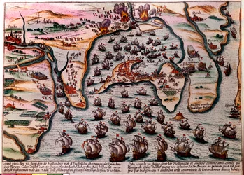 Battle Plan of Cales Males (Spain) on 30 June 1596. The fleet of the Dutch and English army enters as friends at Cales Males with 180 ships. The next day 1 July, surprised by treason, they had to abandon the city with shame. Engraving