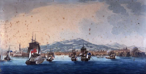 Battle in Genoa Harbour between French and English ships. Andre Massena runs Genoa headquarters. Anonymous painting of the 19th century. Museo Navale de Genova Pegli