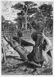 Battle of Knights Pinabel and Thierry in the Middle Ages in France. Illustration of the novel La Chevalerie by Leon Gautier. In Le Monde Illustre