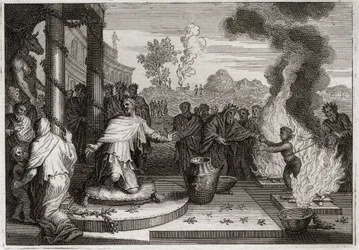 Bible of Royaumont, Old Testament: Ahaz Unholy King. The wicked Ahaz, King of Judah, irritates God, and is delivered to the enemies. Illustration from 1811