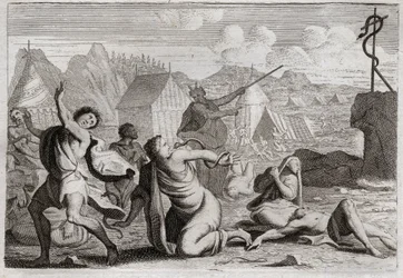 Bible of Royaumont, Old Testament: Brazen Snake. The people murmuring against God and against Moses, are punished by serpents of fire; from which they were wounded by a serpent of brazen, which Moses had raised to be seen from all the people. Illustration 