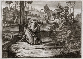 Bible of Royaumont, Old Testament: Burning Bush. God Speaks to Moses from the Burning Bush. Illustration from 1811
