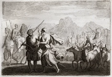 Bible of Royaumont, Old Testament: Calling of Abraham. God calls Abraham, and commands him to leave the land of the Chaldeans to come into a land which he promised to give him. Illustration from 1811