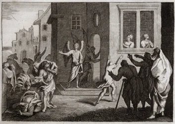 Bible of Royaumont, Old Testament: Crimes of the Sodomites. Loth Receives Angels in His House. The Sodomites Want to Violate Them. The Angels Strike Them Blindly. Illustration from 1811