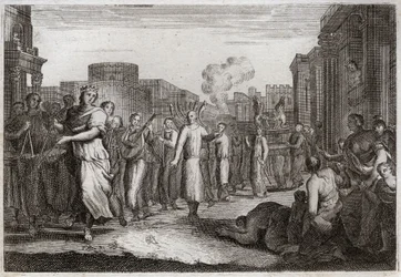 Bible of Royaumont, Old Testament: David dances before the Ark of the Covenant. David having resolved a second time to bring the Ark to his home, has it carried and accompanied by Levites, to avoid an accident similar to that of Uzzah. He