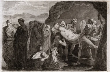 Bible of Royaumont, Old Testament: Death of Sarah. Sarah dies. Abraham buys a sepulchre from the city of Geth to bury her. Illustration from 1811.
