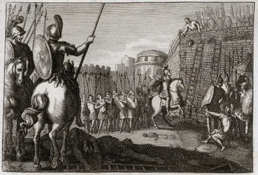 Bible of Royaumont, Old Testament: Death of Sheba. Sheba rose up against David, and took away the ten tribes after him, and Joab pursued him in Abel, where his head was cut off by the counsel of a woman. Illustration from 1811.