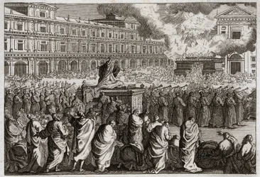 Bible of Royaumont, Old Testament: Dedication of the Temple. Solomon brings all his people together to celebrate with more solemnity the dedication of his Temple. Illustration from 1811.