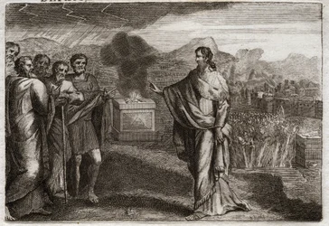 Bible of Royaumont, Old Testament: Defeat of the Philistines. Samuel offers a holocaust to God. Then the Jews defeat the Philistines. Illustration from 1811