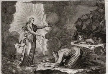 Bible of Royaumont, Old Testament: Deliverance of Daniel. Daniel, in the den of lions, is miraculously drunk. Illustration from 1811.