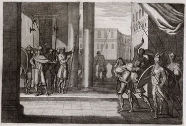 Bible of Royaumont, Old Testament: Dinah went out of curiosity to see the women of Shechem, and the King of that city had made him violence, his brothers took revenge and killed all the people of Shechem with the King. Illustration from 1811.