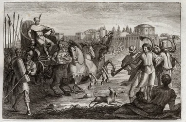 Bible of Royaumont, Old Testament: Elevation of Joseph. Joseph is raised in glory. Illustration from 1811.