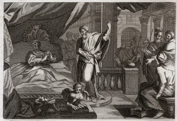 Bible of Royaumont, Old Testament: Hezekiah receives health. King Hezekiah was ill unto death, received health and another fifteen years of life. The prophet Isaiah announces his recovery: the sign will be to push back the shadow of the clock by ten degree