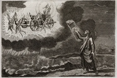 Bible of Royaumont, Old Testament: the prophet Ezekiel. The holy prophet had a vision in which the Lord appeared to him on a cart carried by four cherubim (tetramorph). Illustration from 1811.