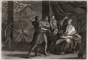 Bible of Royaumont, Old Testament: Friends of Job. Job instead of being consoled by three Princes, his friends, who come to see him, received nothing but grief because they wanted to make him look guilty. Illustration from 1811.