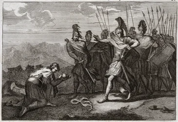 Bible of Royaumont, Old Testament: Head of Saul. The Philistines enjoy Saul