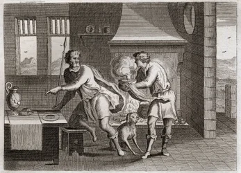 Bible of Royaumont, Old Testament: Jacob and Esau. Esau sells his brother Jacob his birthright for some lentils. Illustration from 1811.