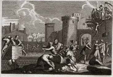 Bible of Royaumont, Old Testament: Jerusalem rebatie. King Artaxerxes I sent Nehemia to Jerusalem with permission to rebuild all its walls. Illustration from 1811