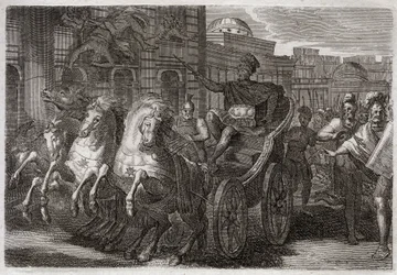 Bible of Royaumont, Old Testament: Jezebel eaten by dogs. Jehu has Jezebel thrown out of a window, and she is eaten by dogs. Illustration from 1811.