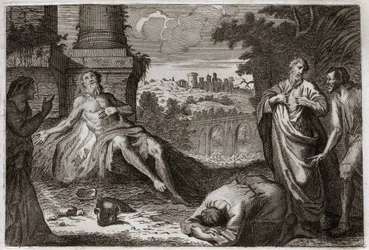 Bible of Royaumont, Old Testament: Job on the dung heap. The holy man Job is tempted by the demon who takes away all his goods and all his children, and strikes him with a terrible wound, leaving him only his wife to carry him impatiently. Illustration fro