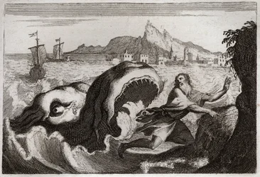 Bible of Royaumont, Old Testament: Jonah in the whale. Prophet Jonah lives in a whale, and comes out alive. Illustration from 1811.