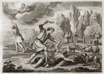 Bible of Royaumont, Old Testament: Murder of Abel. Cain is carrying his brother with envy against Abel, taking him out into the countryside as if to walk, and killing him. Illustration from 1811.